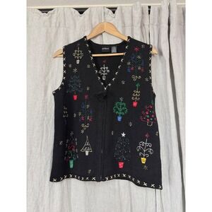 Erika Womens Black Beaded Embroidered Christmas Tree Sweater Vest Zip Front Sm